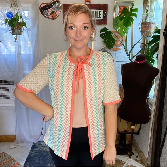 Vintage Multicolored Polyester Tie Front Shirt sleeve jacket size small - Picture 4 of 16